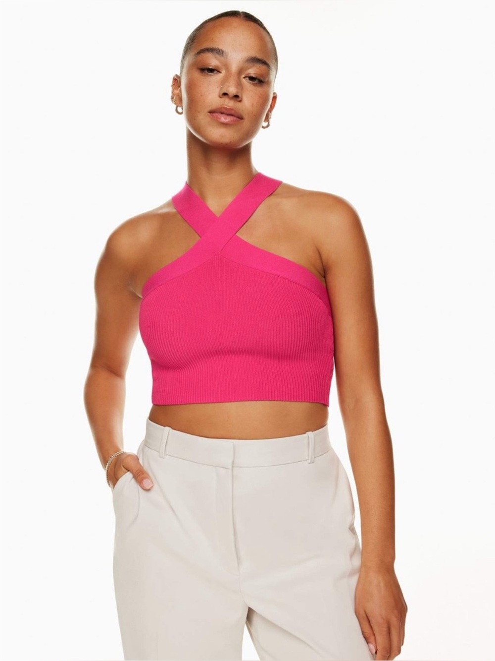 Babaton Sculpt Knit Criss Cross Cropped Tank in Eros Pink - XS